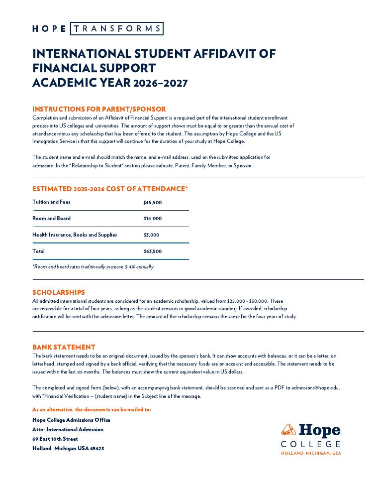 Hope College 2026-2027 International Student Affidavit of Financial Support document preview