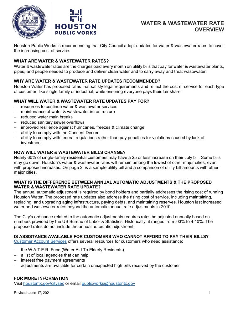 Houston Water and Wastewater Rate Overview Sample Utility Bill 2021 document preview
