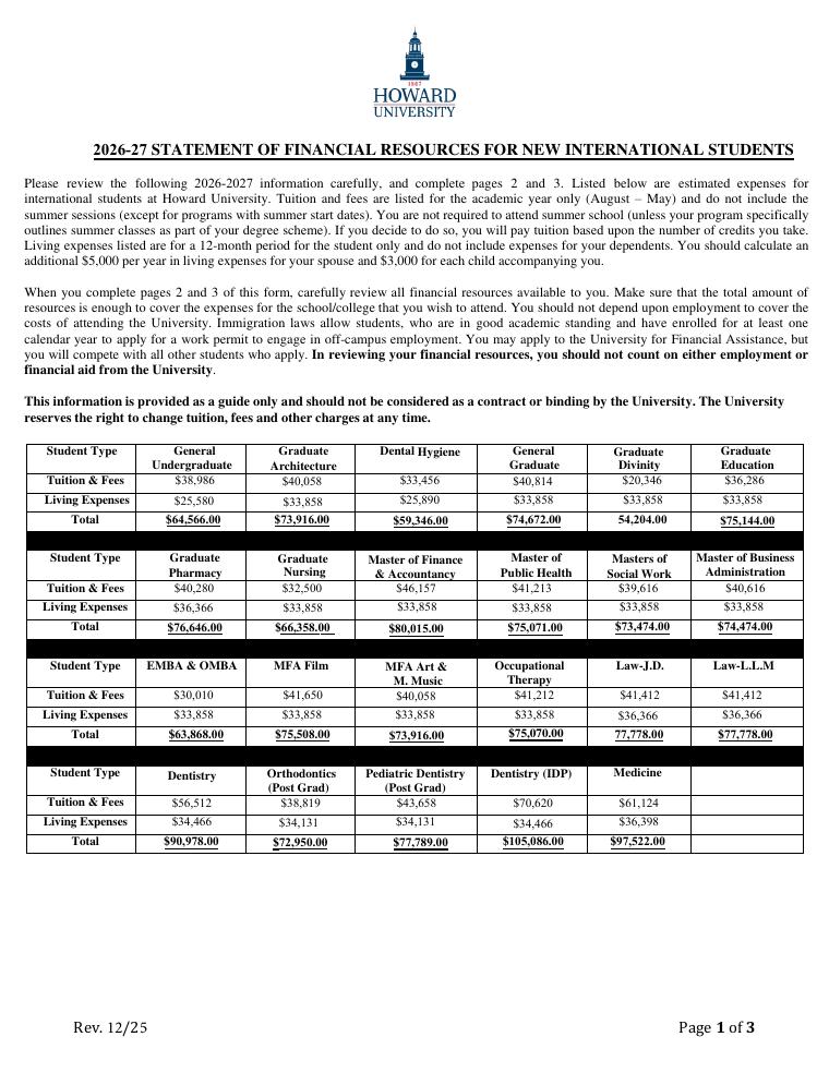 Howard University Statement of Financial Resources 2026-2027 document preview