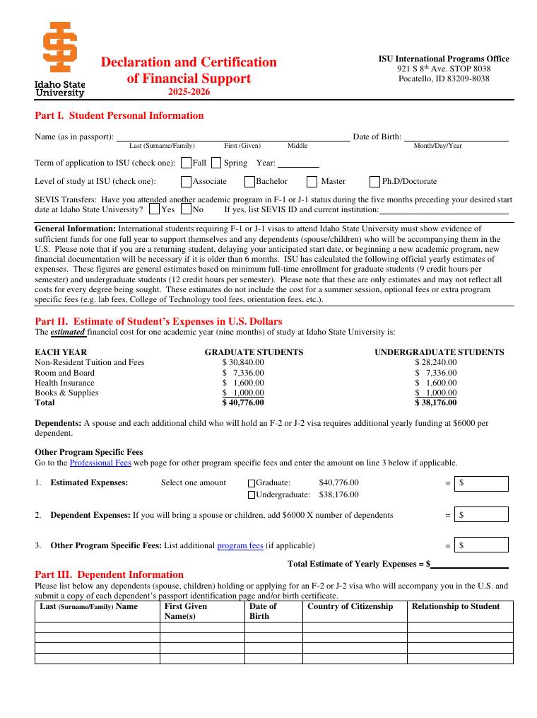 Idaho State Declaration and Certification of Financial Support Bank Document Guide document preview