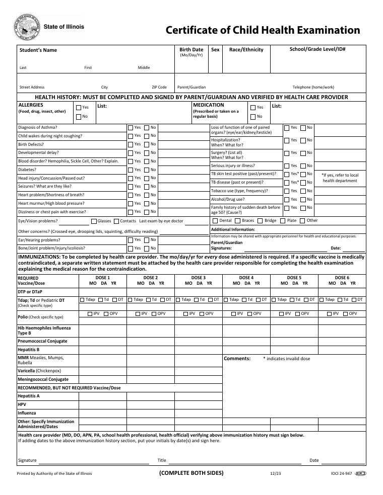 Illinois Certificate of Child Health Examination document preview
