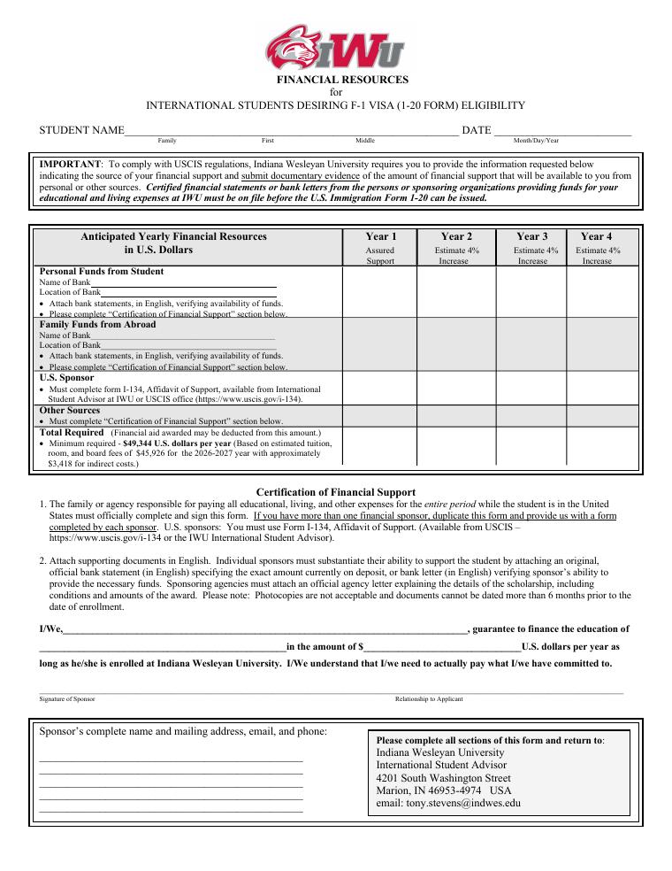Indiana Wesleyan University Financial Resources 2026-2027 document preview