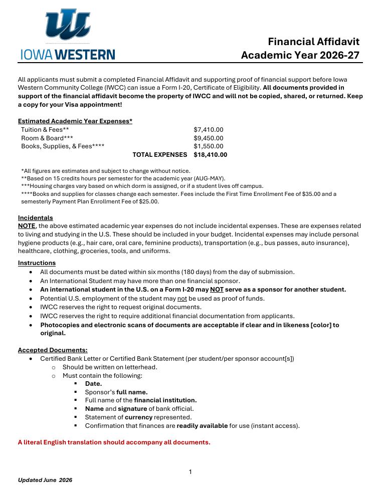 Iowa Western Community College Financial Affidavit 2026-2027 document preview