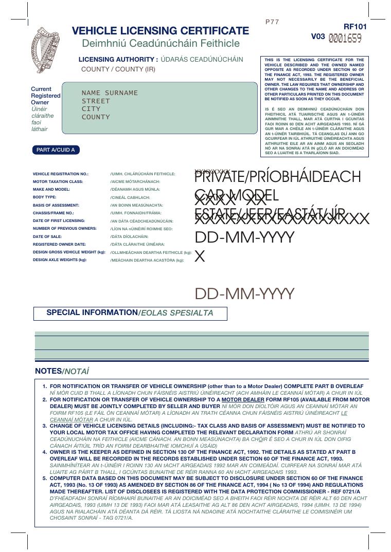 Irish Vehicle Doc Irish Vehicle Licensing Certificate document preview
