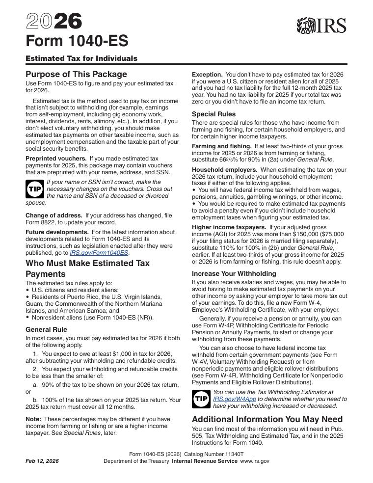 IRS Form 1040-ES Estimated Tax for Individuals document preview