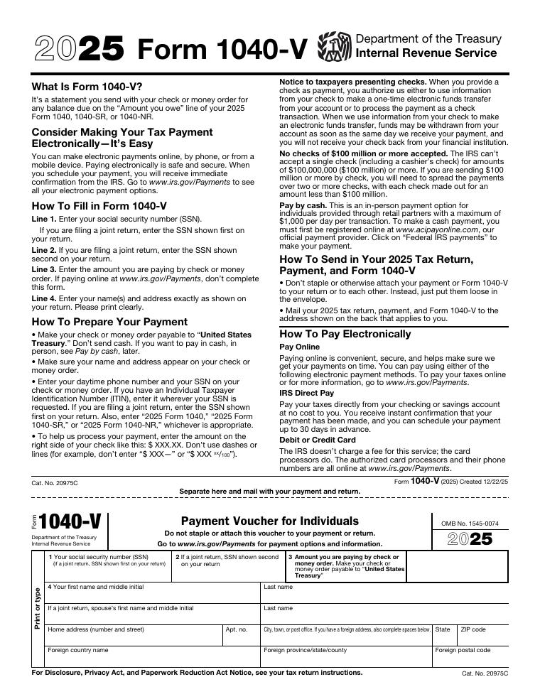 IRS Form 1040-V Payment Voucher document preview