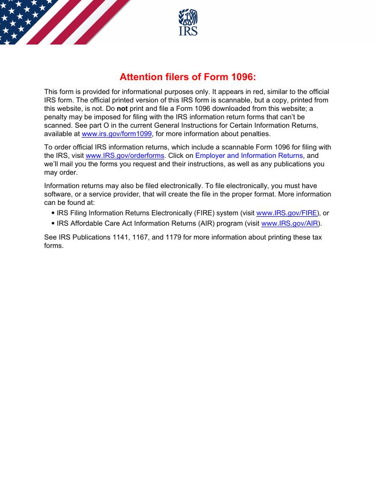 IRS Form 1096 Annual Summary and Transmittal of U.S. Information Returns document preview
