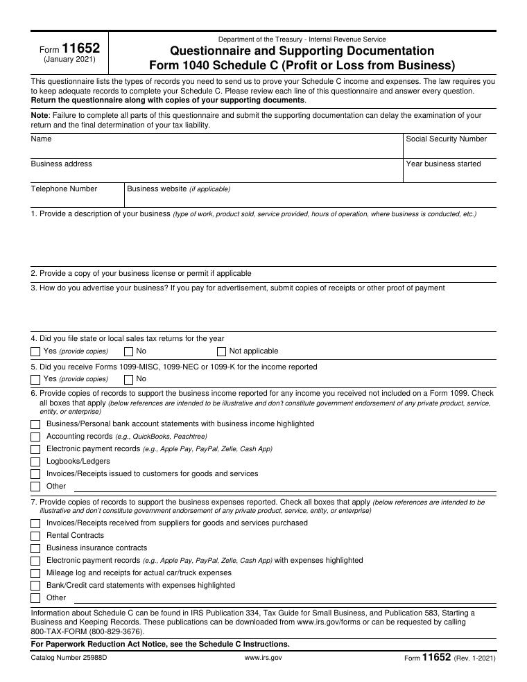 IRS Form 11652 Schedule C Documentation Questionnaire document preview
