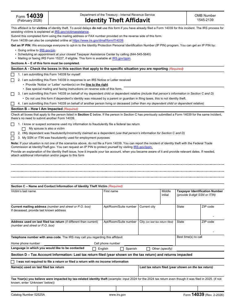 IRS Form 14039 Identity Theft Affidavit document preview