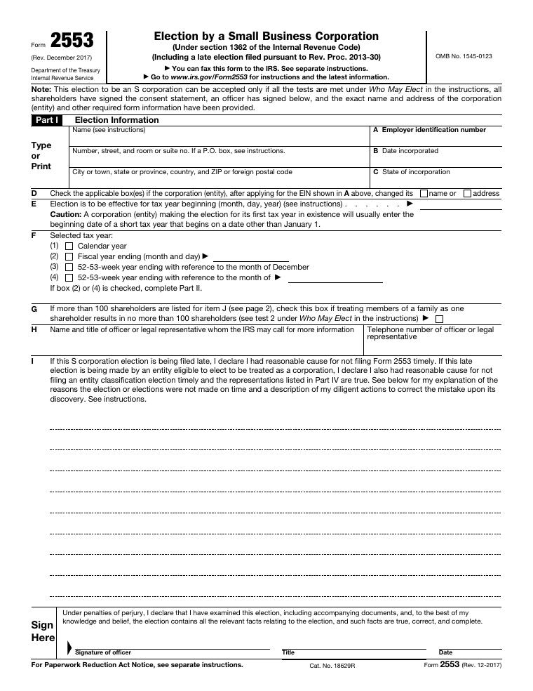 IRS Form 2553 Election by a Small Business Corporation document preview