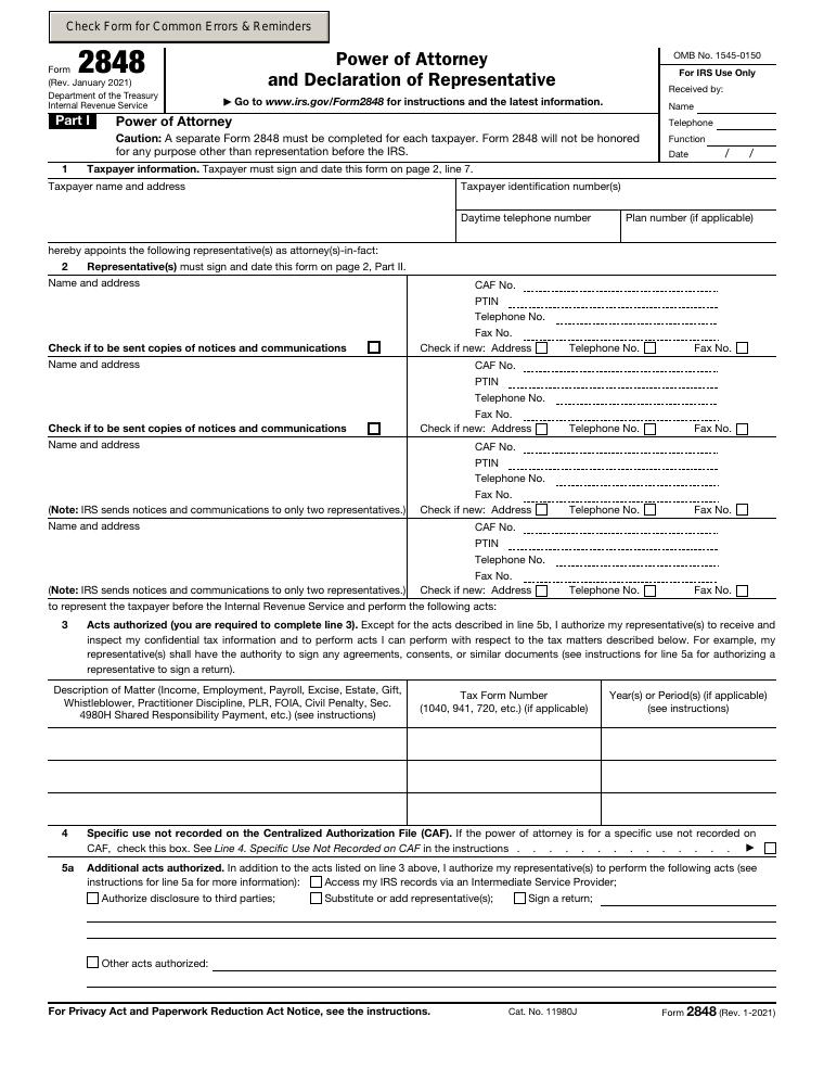 IRS Form 2848 Power of Attorney and Declaration of Representative document preview