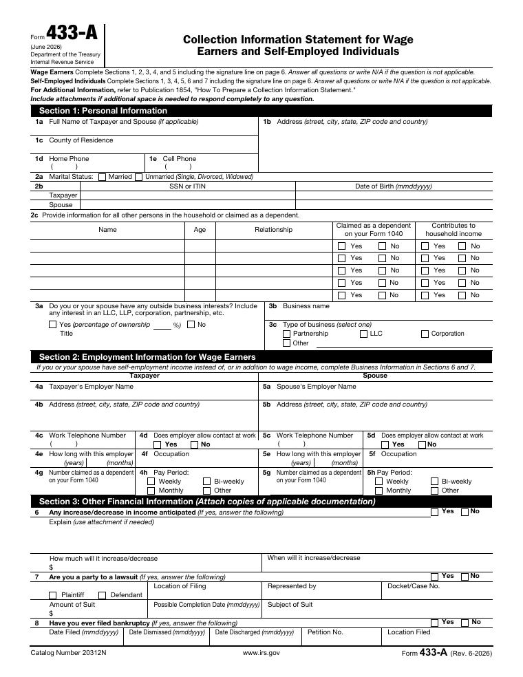 IRS Form 433-A Collection Information Statement document preview