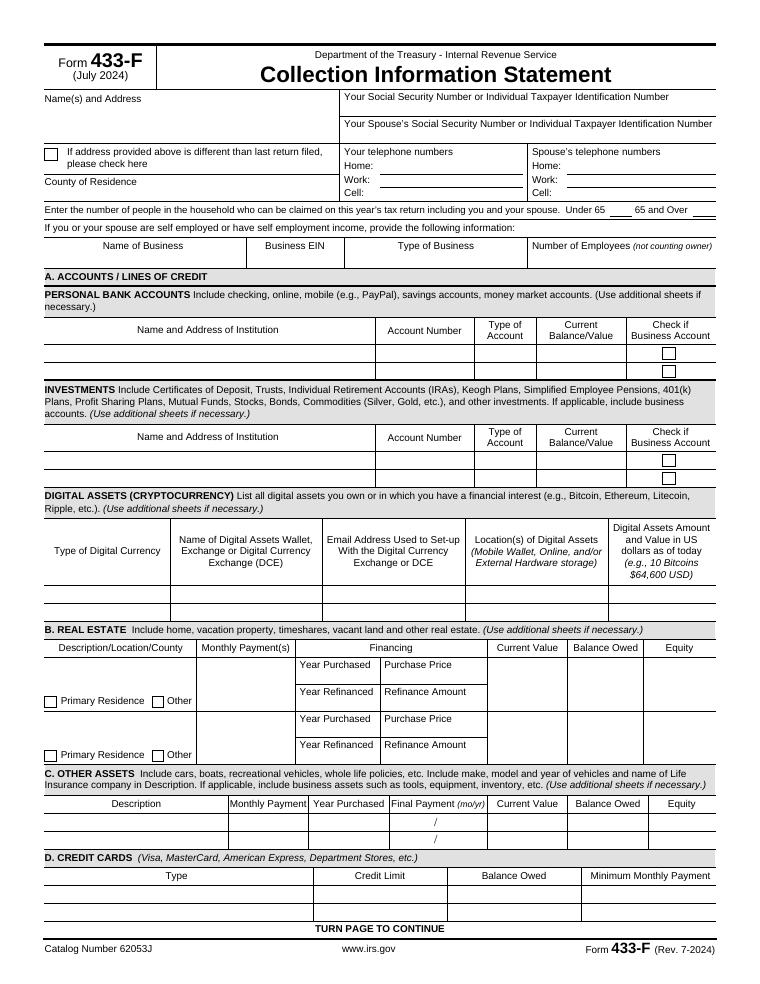 IRS Form 433-F Collection Information Statement document preview
