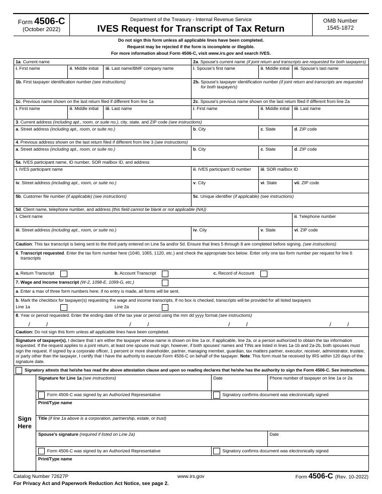 IRS Form 4506-C IVES Request for Transcript of Tax Return document preview