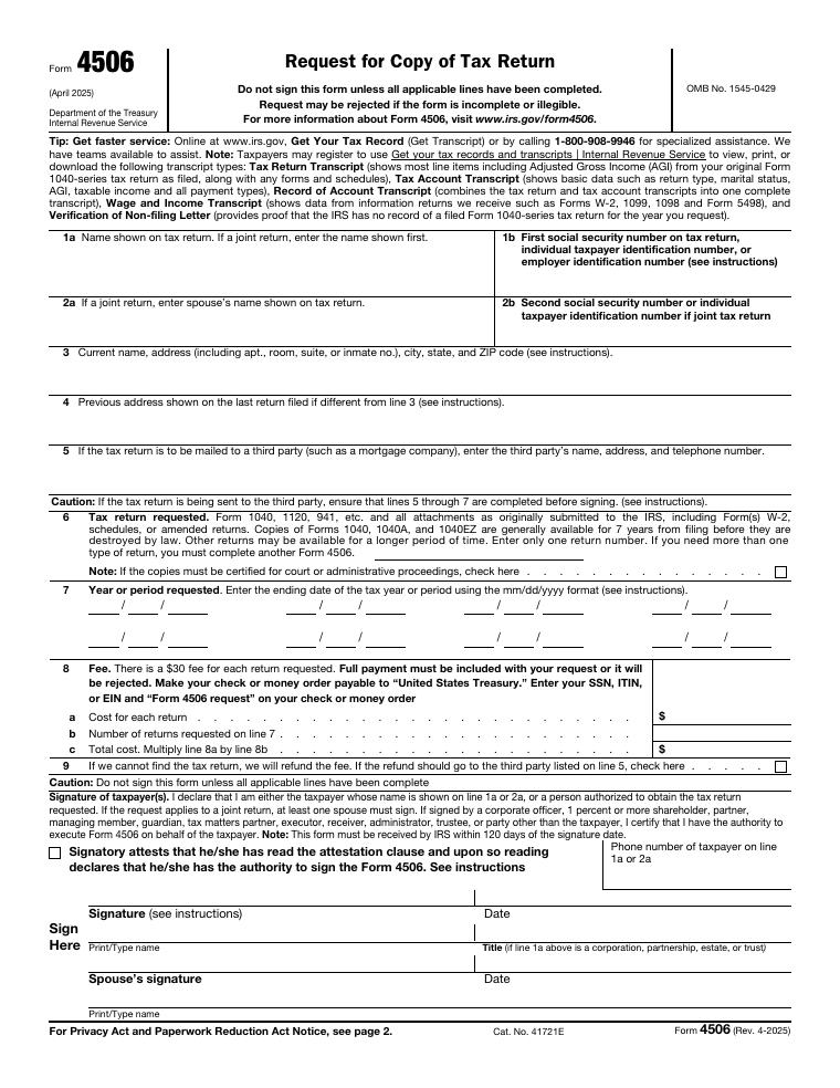 IRS Form 4506 Request for Copy of Tax Return document preview