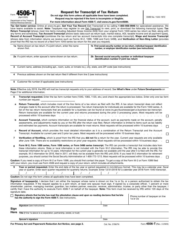 IRS Form 4506-T Request for Transcript of Tax Return document preview