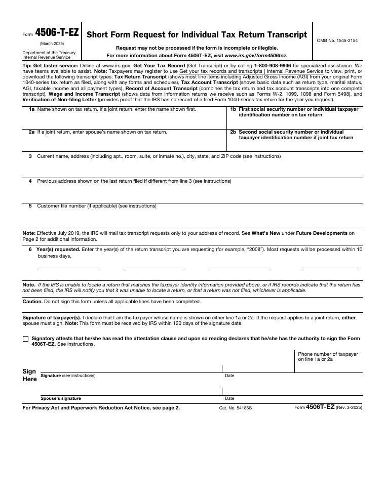 IRS Form 4506T-EZ Short Form Request for Individual Tax Return Transcript document preview