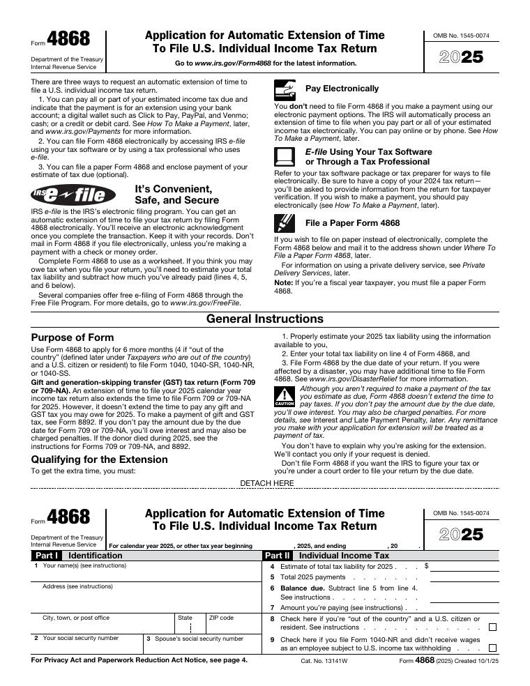 IRS Form 4868 Application for Automatic Extension of Time To File U.S. Individual Income Tax Return document preview