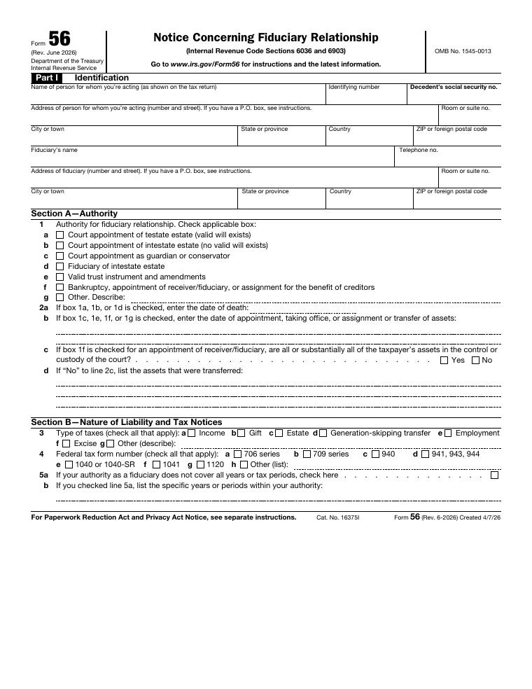 IRS Form 56 Notice Concerning Fiduciary Relationship document preview