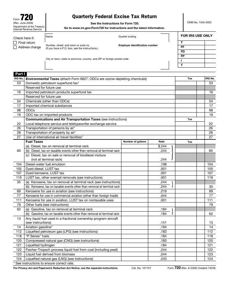 IRS Form 720 Quarterly Federal Excise Tax Return document preview