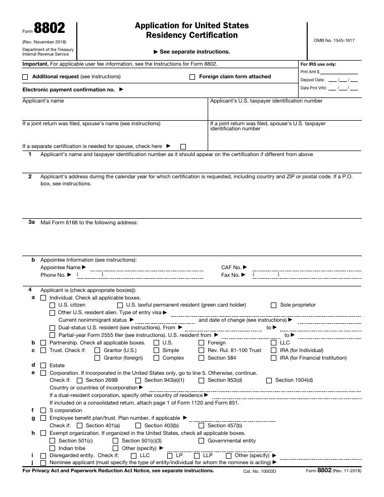 IRS Form 8802 Application for United States Residency Certification document preview