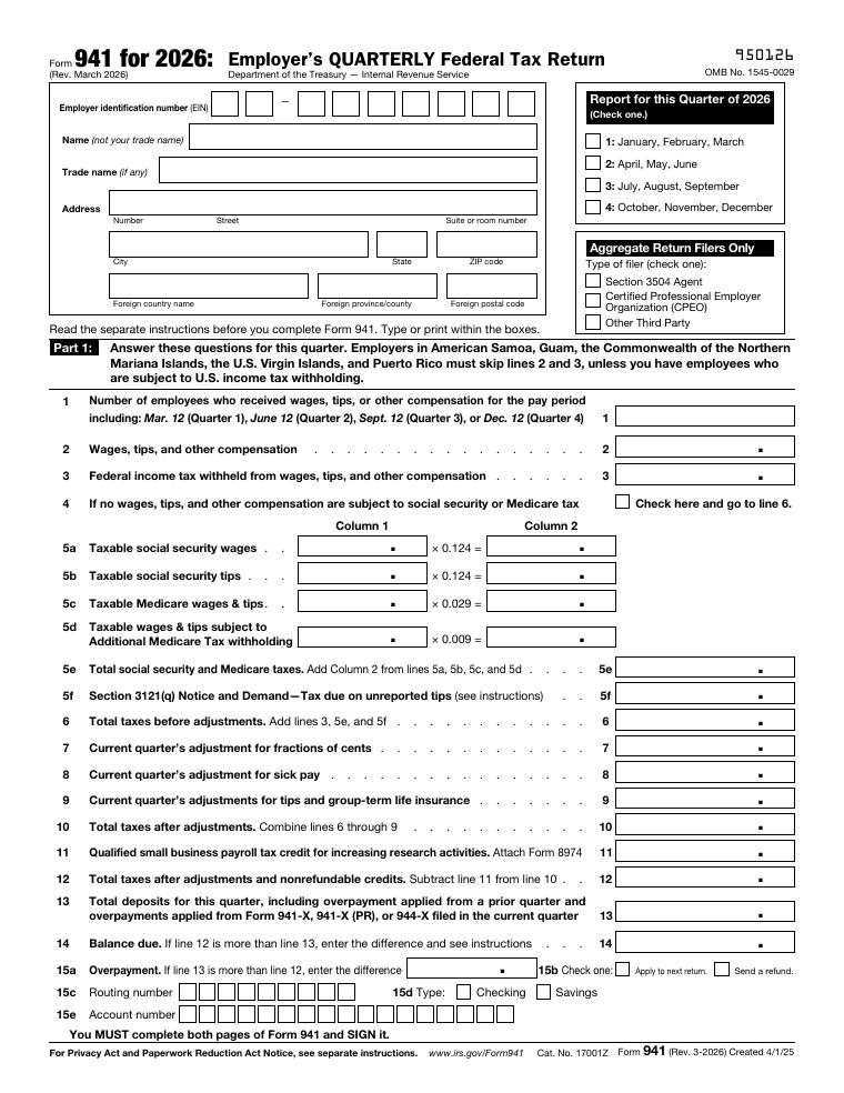 IRS Form 941 Employer Quarterly Federal Tax Return document preview