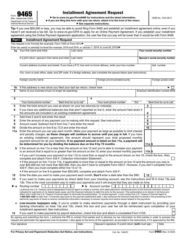 IRS Form 9465 Installment Agreement Request document preview