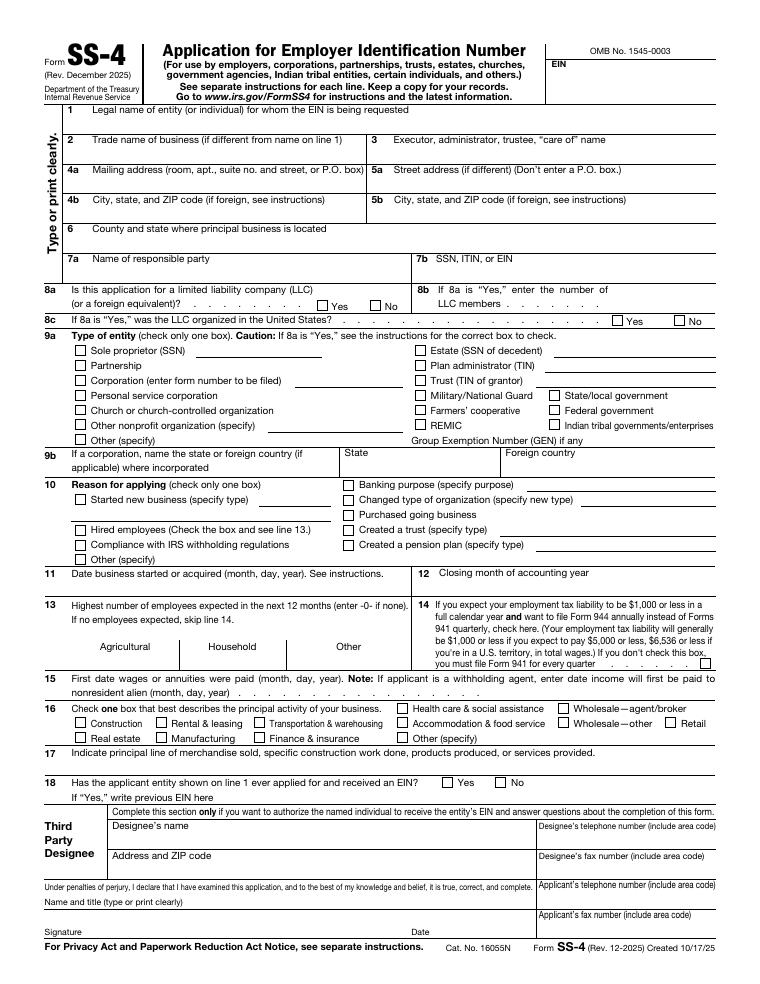 IRS Form SS-4 Application for Employer Identification Number document preview