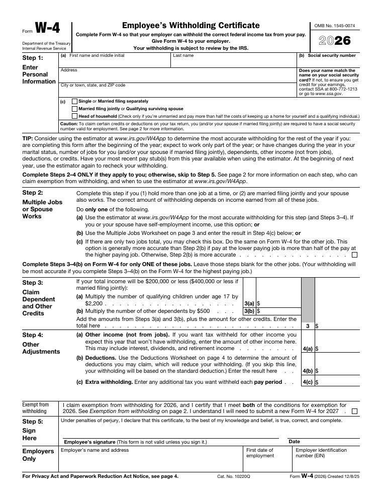 IRS Form W-4 Employees Withholding Certificate document preview
