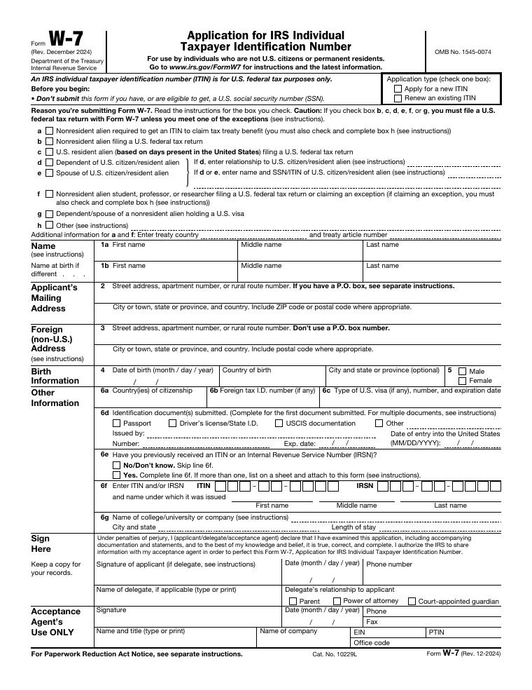 IRS Form W-7 Application for IRS Individual Taxpayer Identification Number document preview