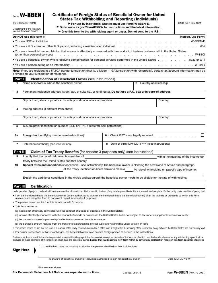 IRS Form W-8BEN Certificate of Foreign Status document preview