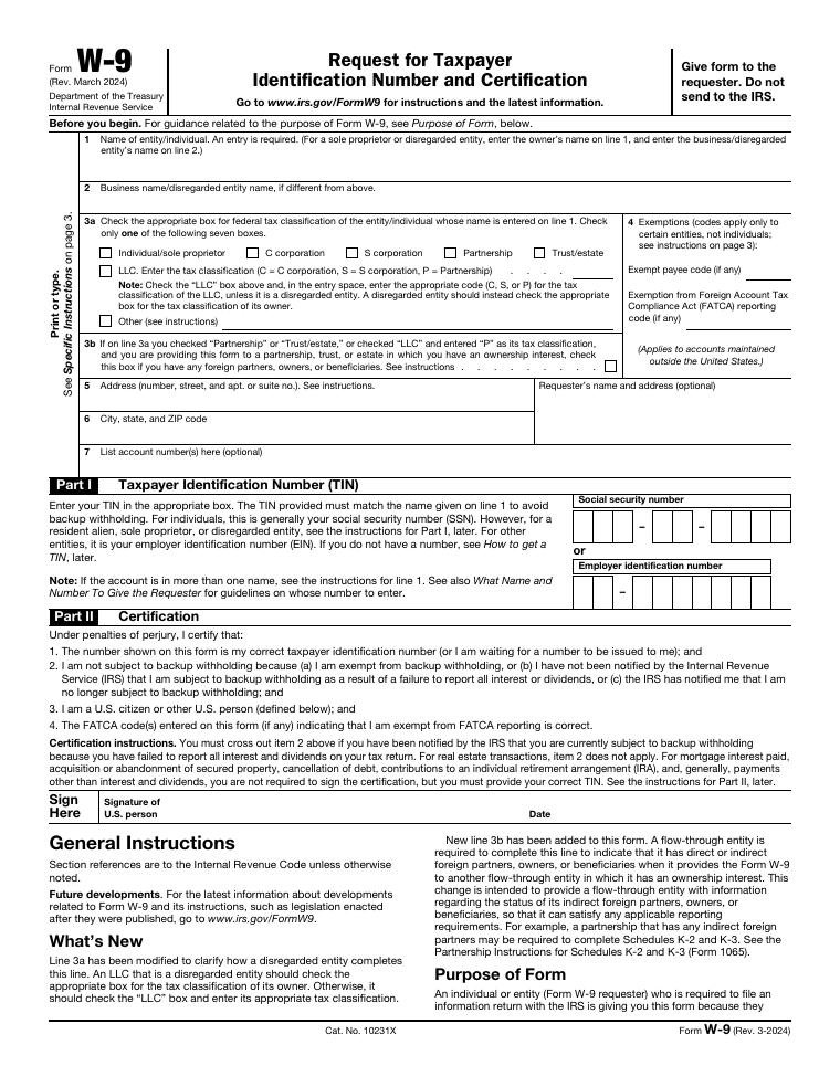 IRS Form W-9 Request for Taxpayer Identification Number document preview