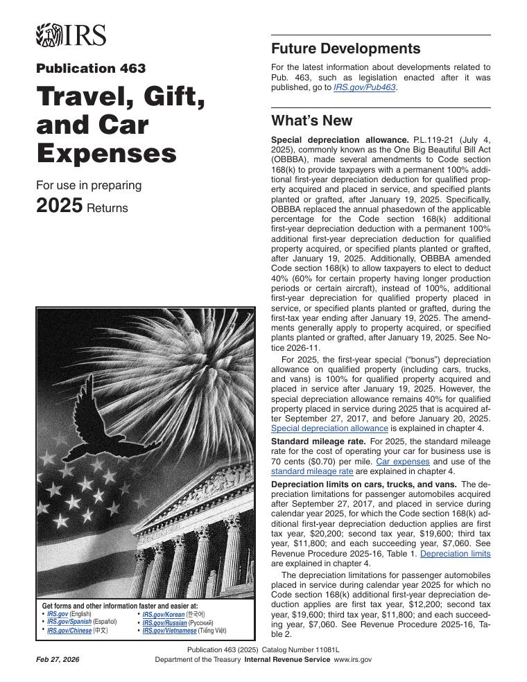 IRS Publication 463 Travel Gift and Car Expenses document preview
