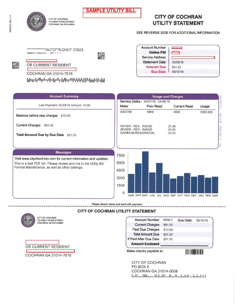 City of Cochran Sample Utility Bill document preview