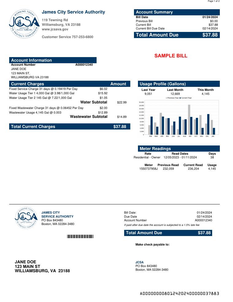 James City Service Authority Sample Bill document preview
