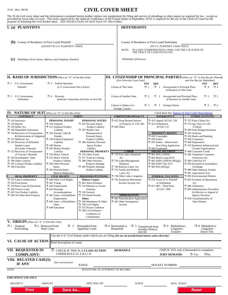 JS 44 Civil Cover Sheet document preview