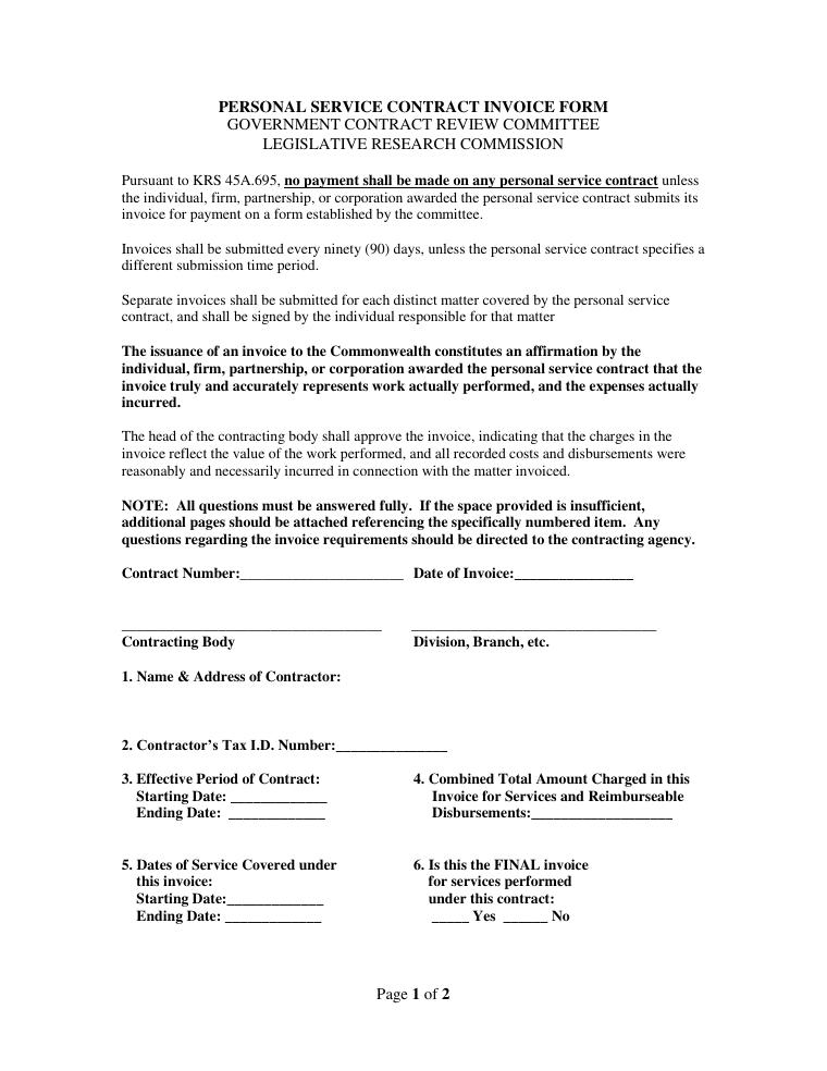 Kentucky Personal Service Contract Invoice Form document preview