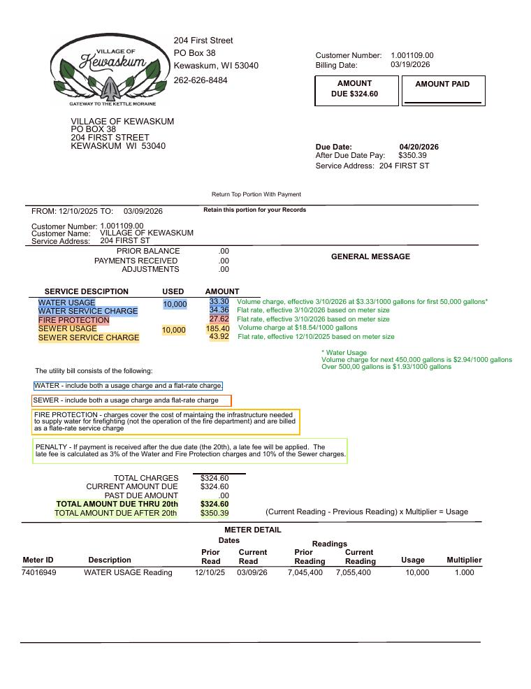 Kewaskum Utility Bill Sample document preview