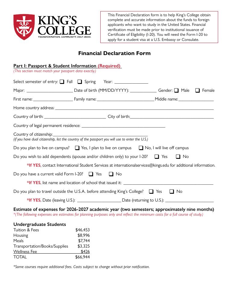 Kings College Financial Declaration Form 2026-2027 document preview