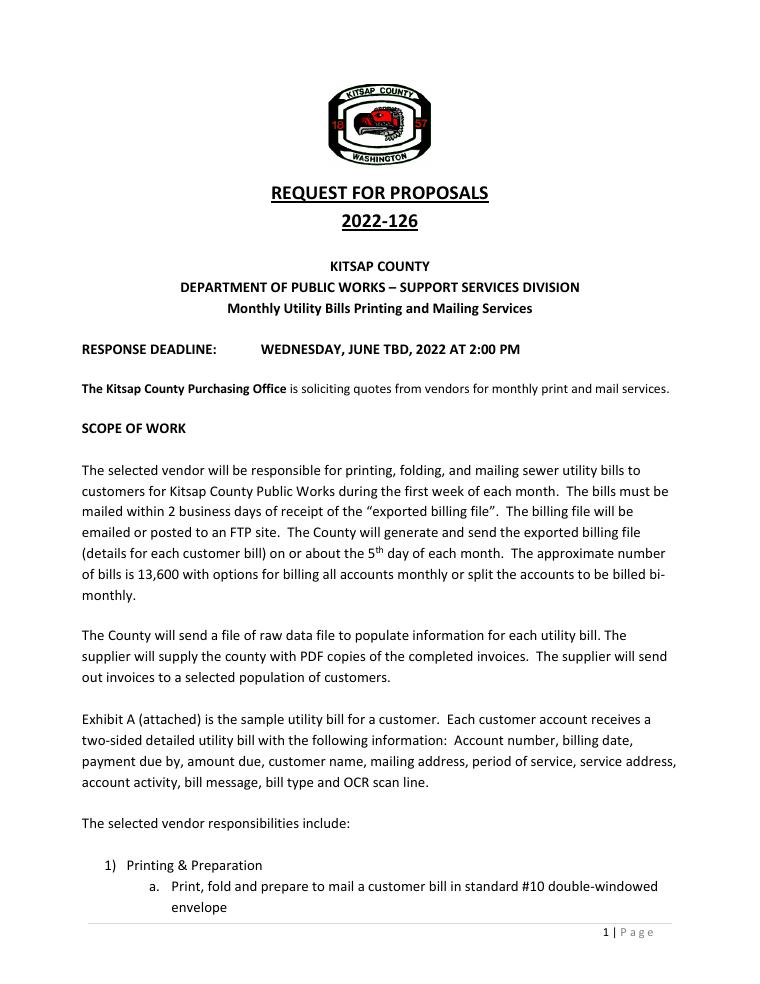 Kitsap County Utility Bills Monthly Printing Sample Bill RFP document preview