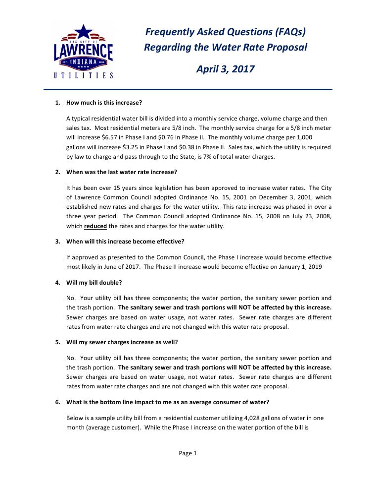 Lawrence Utilities Water Rate FAQ and Sample Bill document preview
