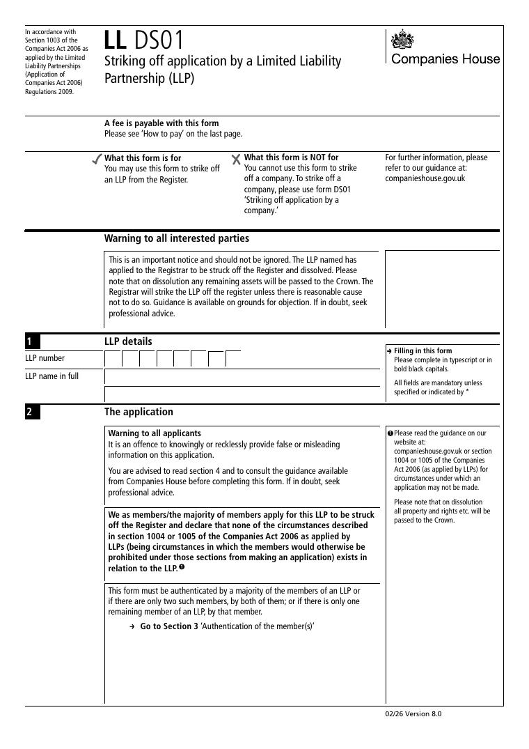 LL DS01 Striking Off Application by a Limited Liability Partnership document preview