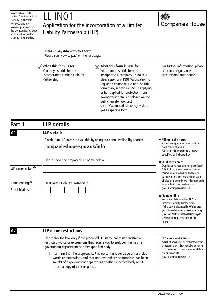 LL IN01 Application for the Incorporation of a Limited Liability Partnership document preview