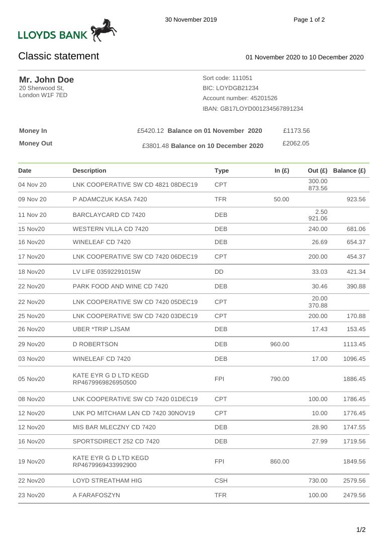 Lloyds Bank Statement document preview