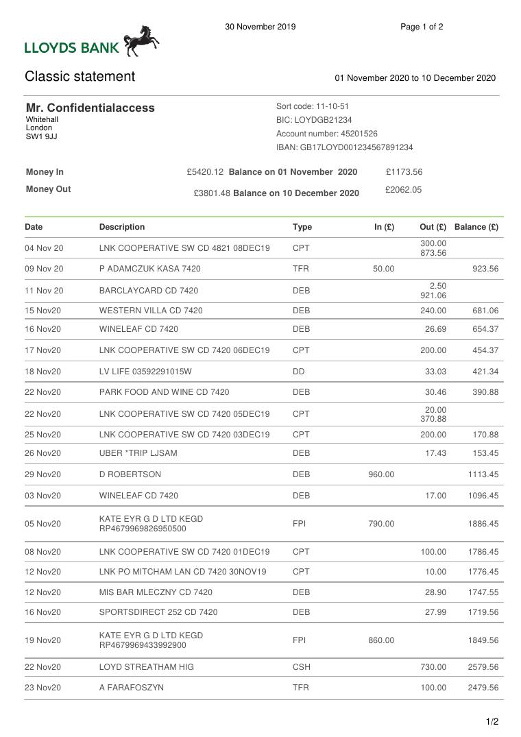 Lloyds Bank Statement document preview