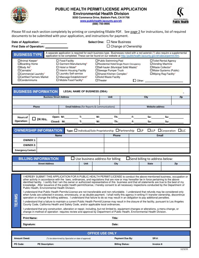 Los Angeles County Public Health Permit License Application document preview