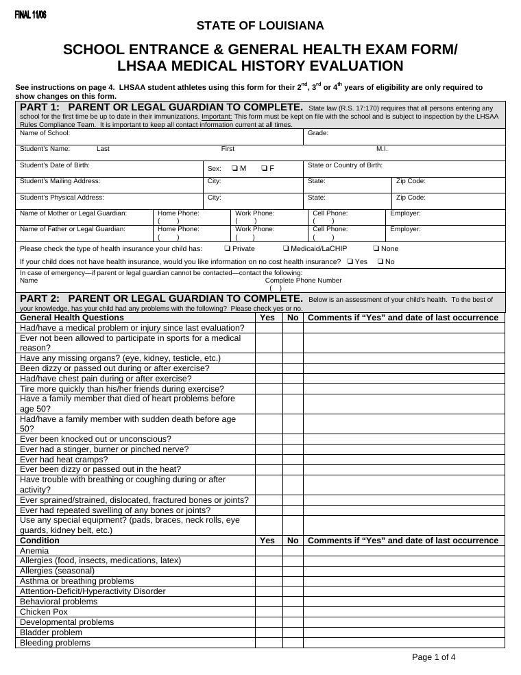 Louisiana School Entrance and General Health Exam Form document preview
