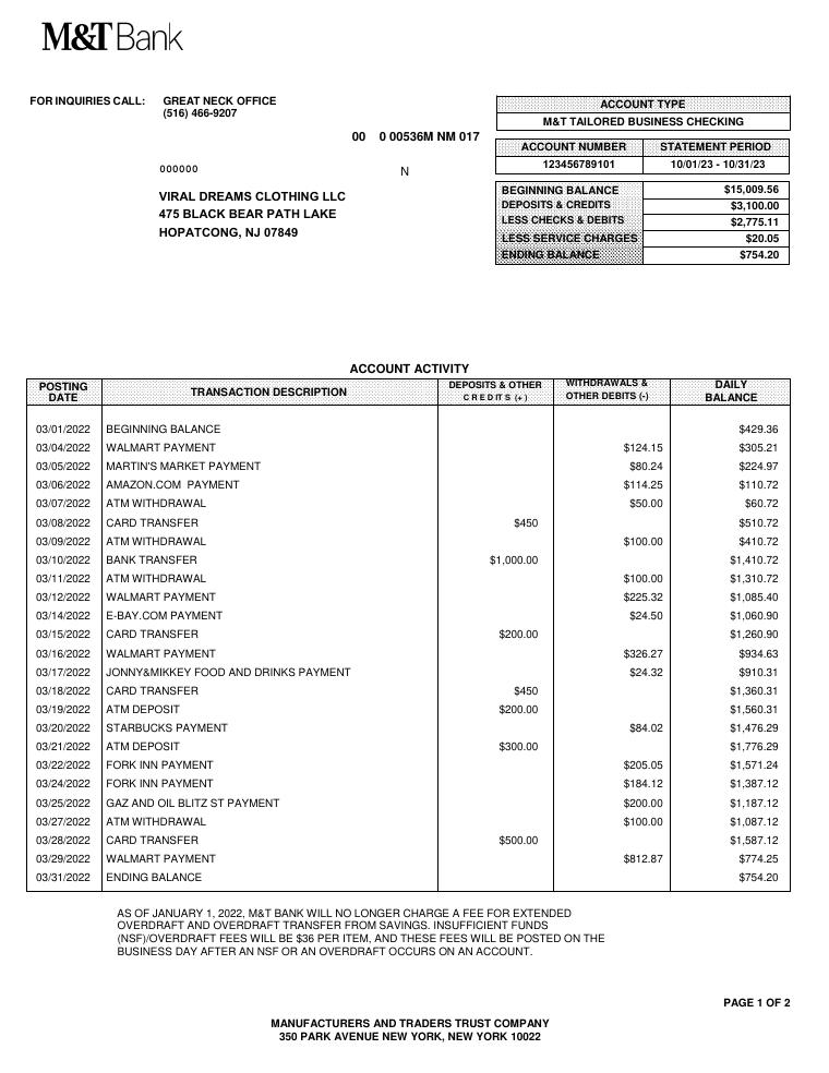 M T Bank Statement Of Oct 21 document preview
