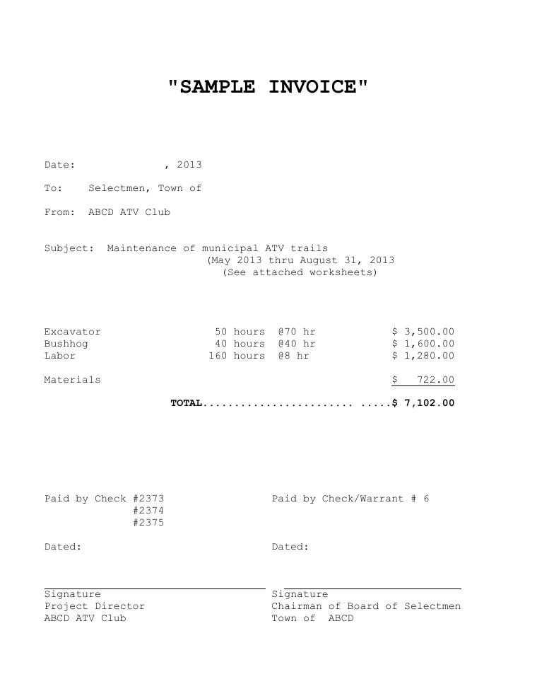 Maine Municipal ATV Trails Sample Invoice document preview
