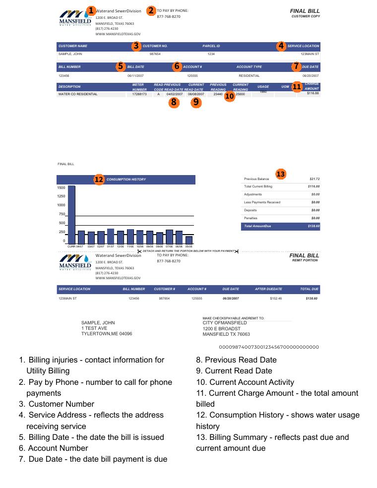 Mansfield Sample Water Bill with Key document preview